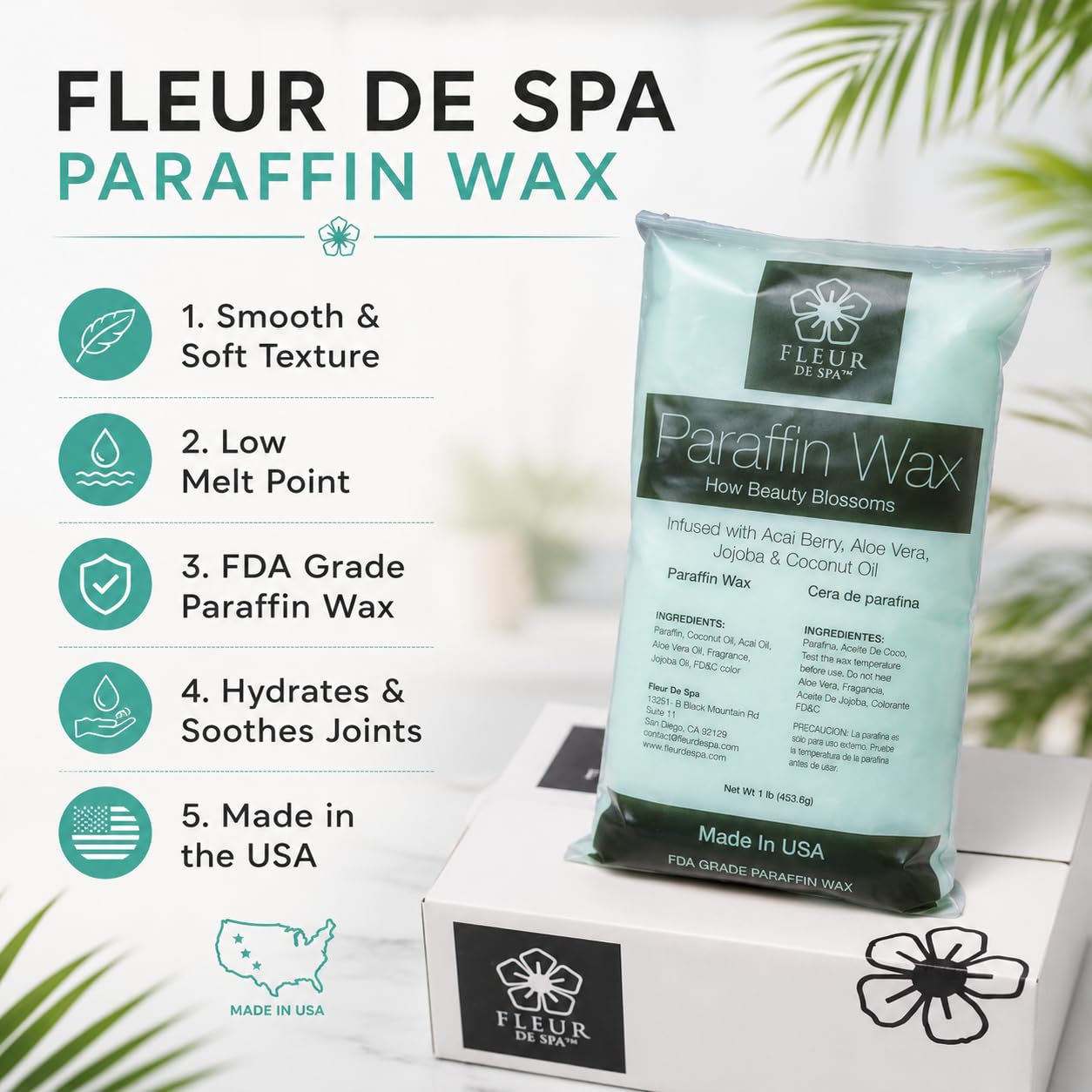 Paraffin Wax refill by Fleur De Spa - Infused with Acai, Coconut oil, Jojoba and Aloe USA Made (Rosemary, Mint & Eucalyptus, 6 pound box)
