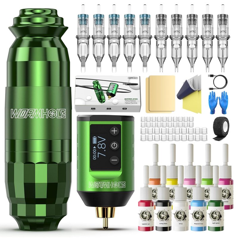 Wireless Tattoo Gun Kit - Wormhole WTK258 Professional Tattoo Pen with 1500mAh Battery, Ink & Needles