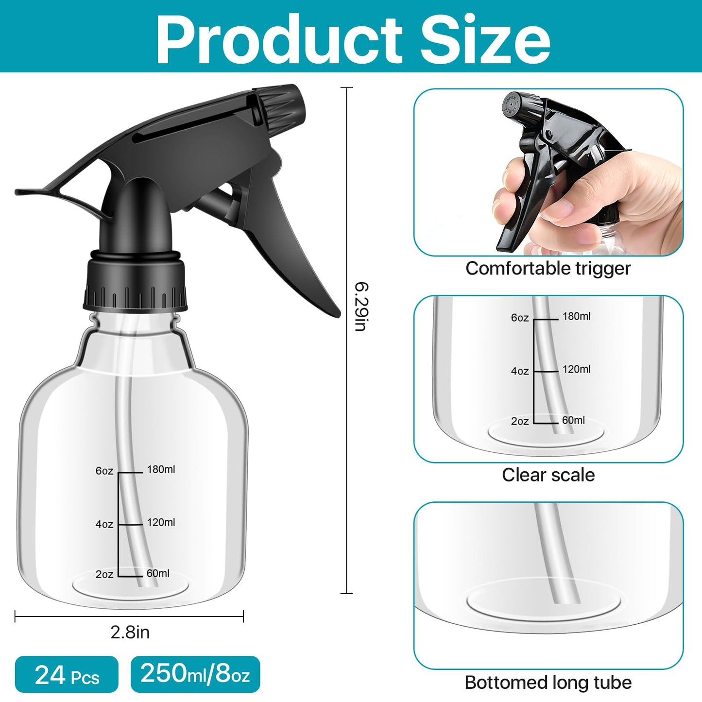 Worldity 24 Pack 8 oz Small Spray Bottle, Refillable Empty Spray Bottles with Measurement and Adjustable Nozzle, Spray Bottle for Hair, Cleaning, Plants, Kitchen, Bathroom, Salon & Home Use