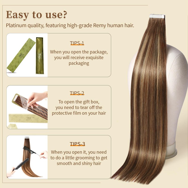 DNE Tape in Hair Extensions Real Human Hair 14 inches 20Pcs/40g/Pack Seamless Dark Brown to Chestnut Brown#T4-P4/27 Straight Invisible Double Sided Tape in Hair Extensions for Women/Girls