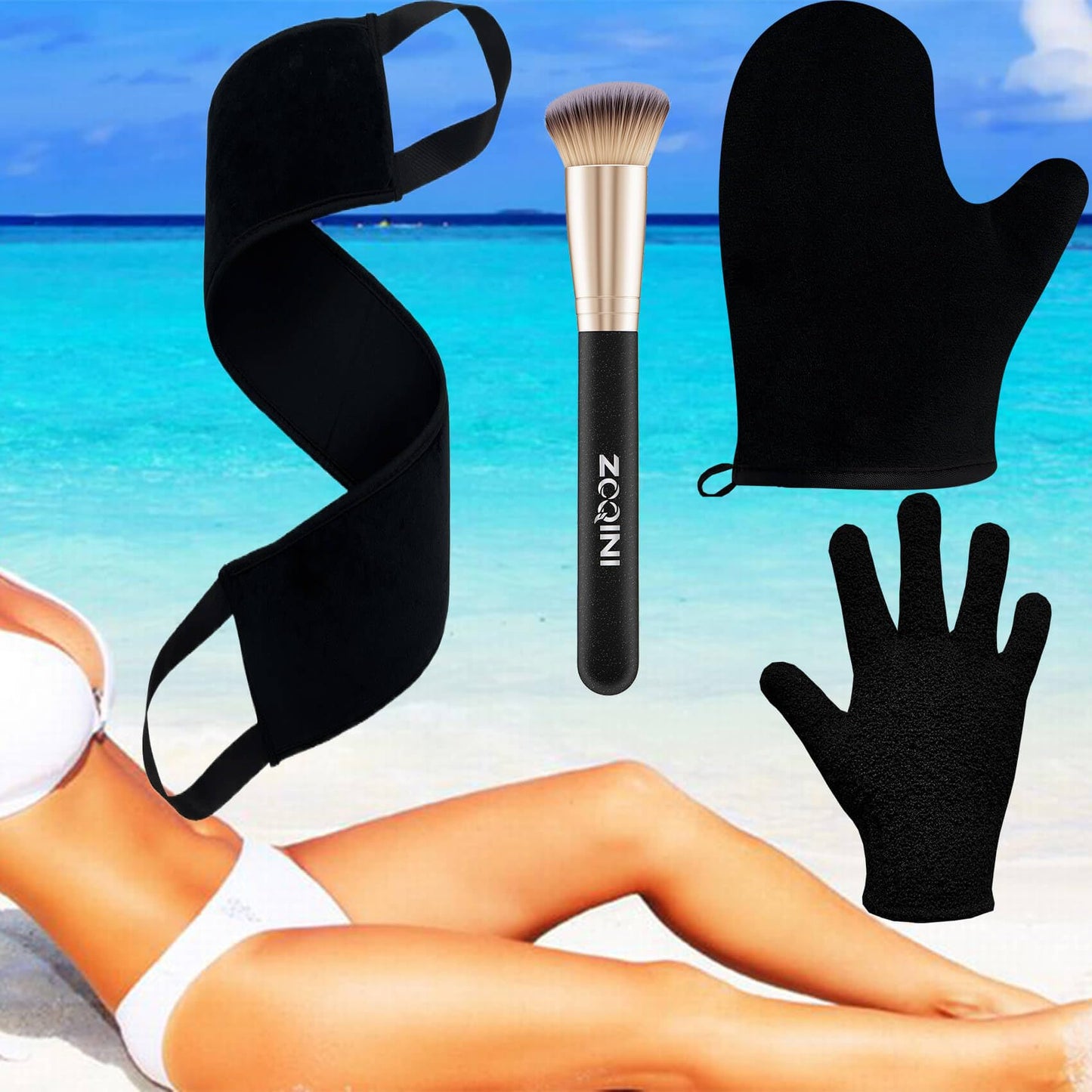 ZOQINI Self Tanning Mitt Kit, Velvety Soft Tanner Mitt, Back Tanning Applicator, Exfoliating Glove, Angled Face Tanner Brush for Sunless Tanning Oil Lotion Mousse Gel (Black 4 Pack, Boxed)