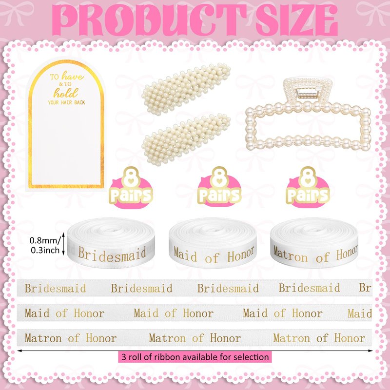 Highergo Bridesmaid Proposal Gifts 8 Pack Pearl Bridesmaid Hair Claw Clips with 3 Rolls Ribbon 8 Pack Pearl Hair Clips to Have & to Hold Your Hair Back Wedding Bridesmaids Hair Accessories Gifts