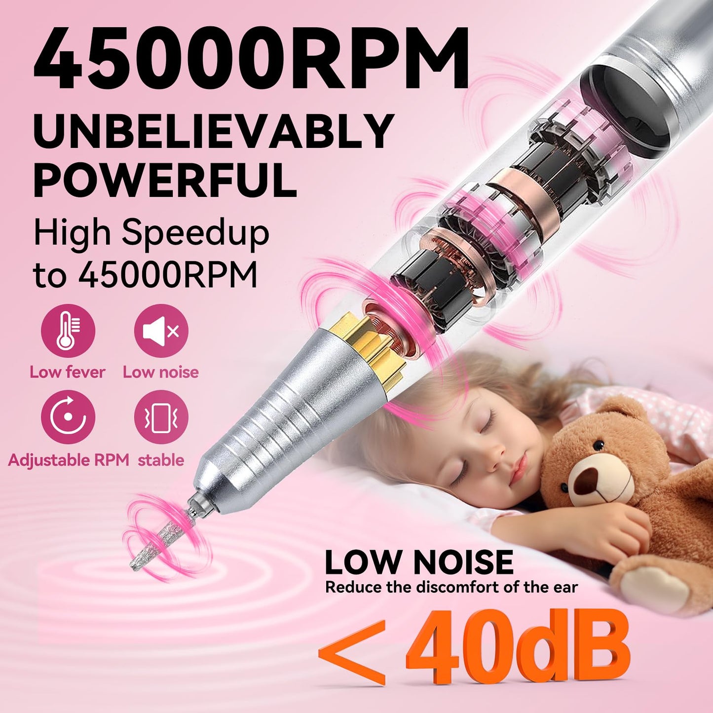 45000RPM Professional Portable Nail Drill Electric File with Pink diamond， Rechargeable Nail E File Machine with Bits & Clean for Acrylic Nails Remove Nail Gel Polish Manicure, Cordless