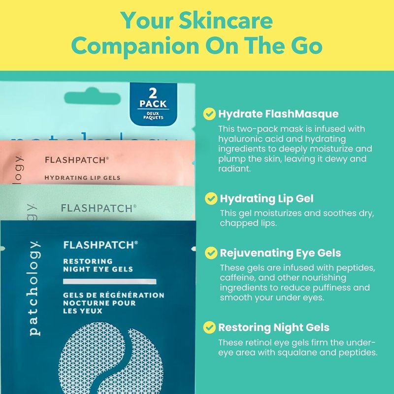 Patchology Travel Facial Kit - Hydrating Skincare Essentials for Face, Eyes & Lips | Includes 2 Under Eye Patches, 2 Hydrate Sheet Masks & 1 Lip Mask