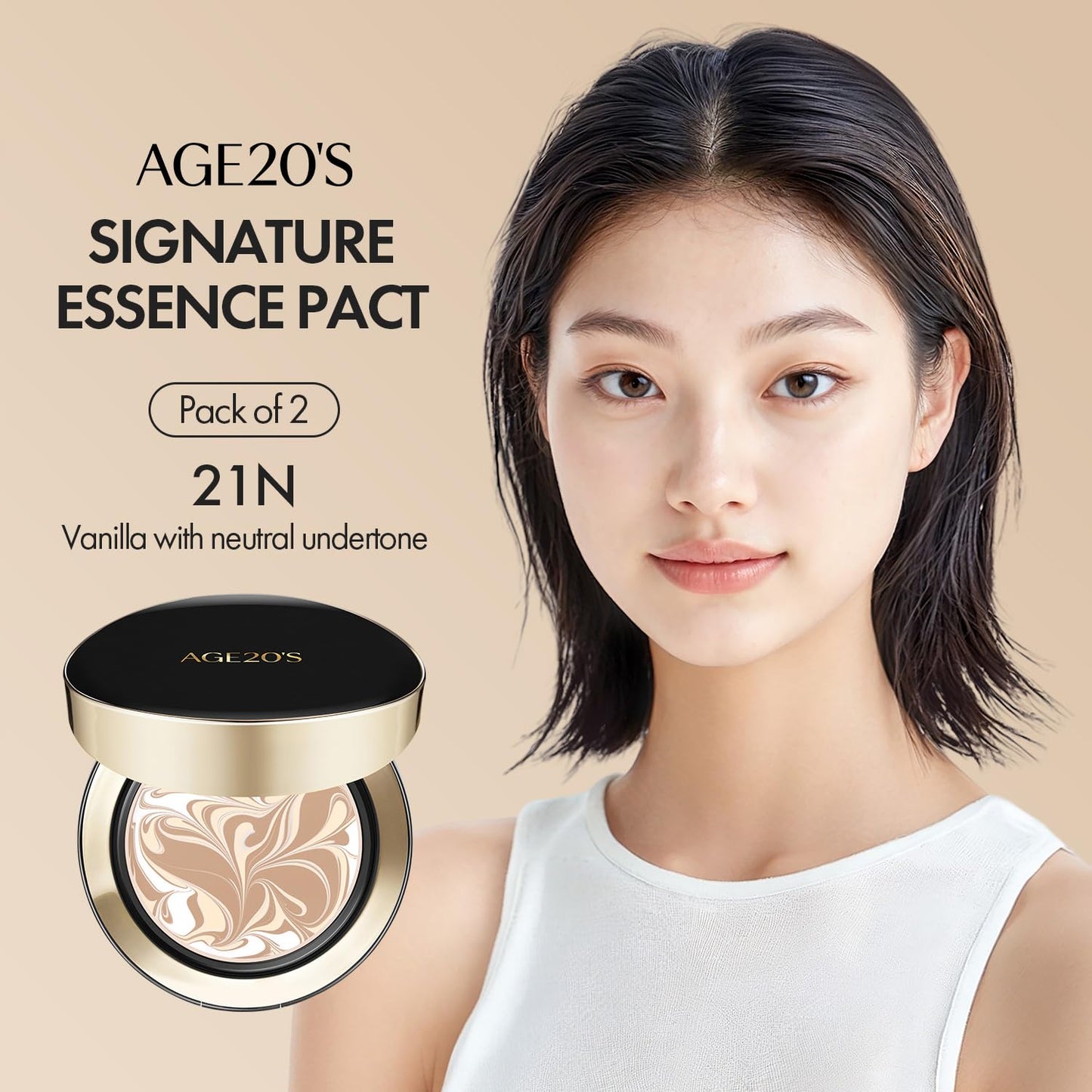 AGE20'S Signature Essence Pact SPF 50+ | Pack of 2 | 21N VANILLA | Cream Foundation, Dewy Finish, Natural Coverage | Korean Cushion Foundation