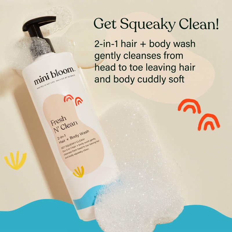 Mini Bloom Fresh N’ Clean 2-in-1 Hair + Body Wash | Shampoo Sulfate-Free | Baby & Kid Safe | Gently Cleanses Head to Toe w/Aloe leaf, Chamomile extract, Lavender & Botanicals 16.6 oz