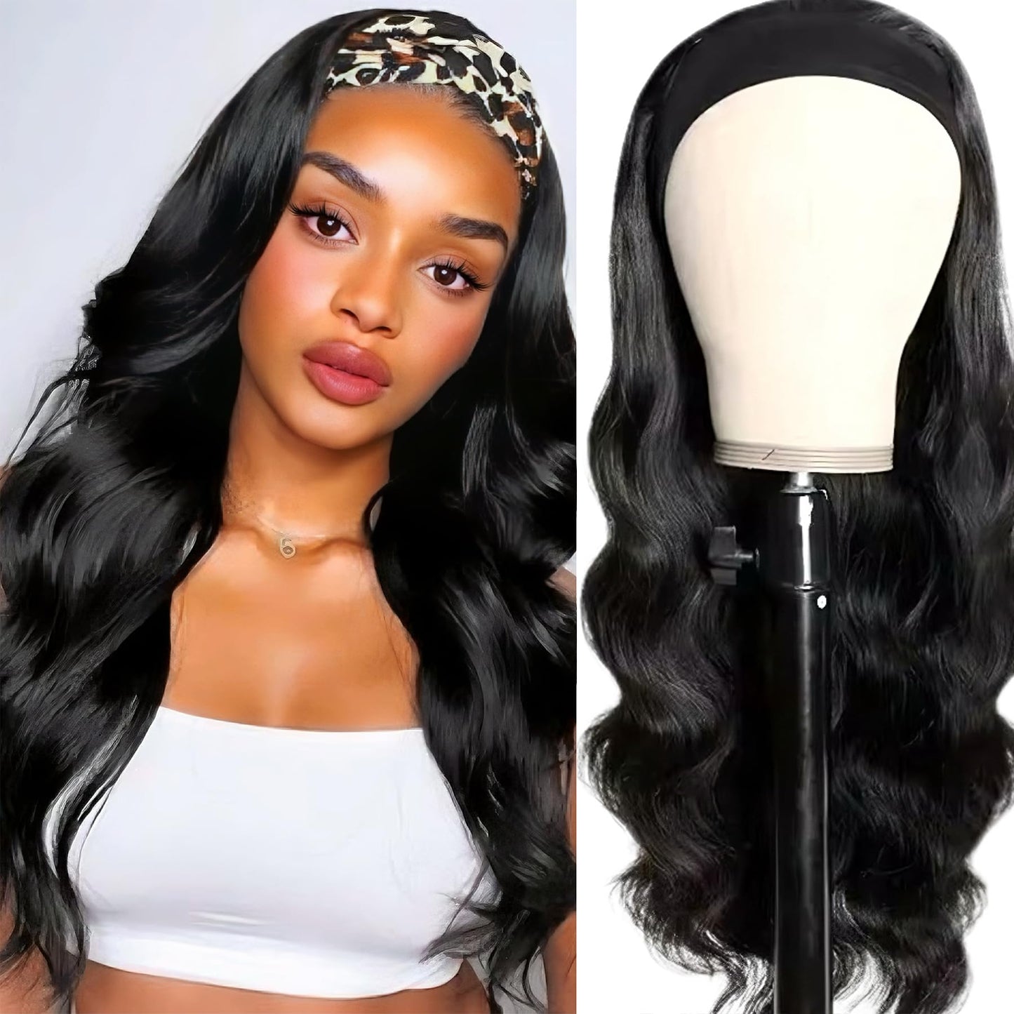 Comfair Headband Wig Human Hair Body Wave 14 Inch Glueless No Sew Headband Wig 100% Brazilian Virgin Hair 180% Dencity Wear and Go Headband Wigs for Black Women Natural Color Beginner Friendly