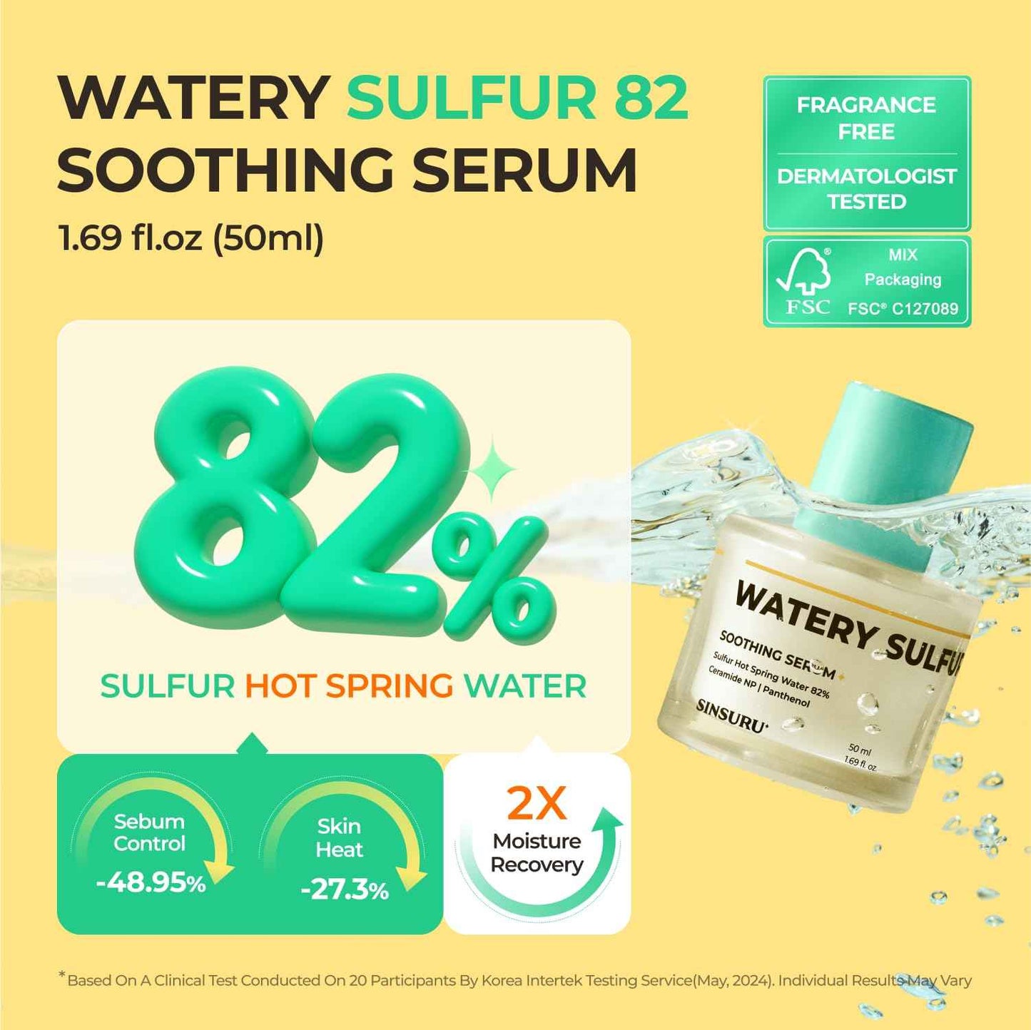 SINSURU Watery Sulfur 82 Soothing Serum – Gentle Daily Face Serum for Acne-Prone & Sensitive Skin with 82% Sulfur Hot Spring Water, Fragrance-Free Formula | Korean Skincare (1.69 fl.oz / 50ml)