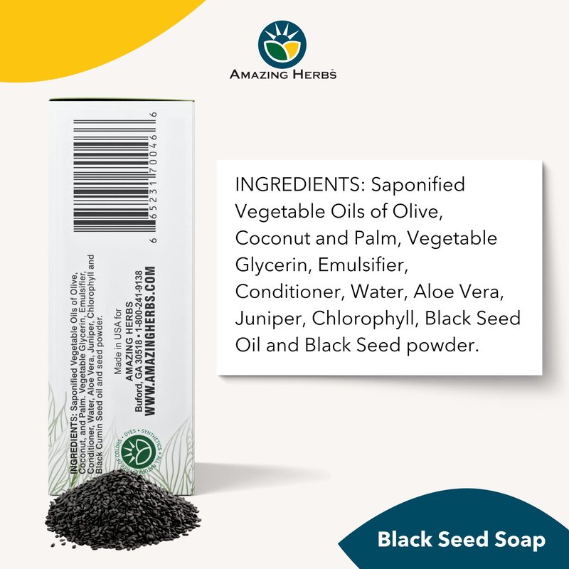 Amazing Herbs Black Seed Soap - 100% Pure Cold-Pressed Black Cumin Seed Oil, All Natural, Free of Colors, Dyes, & Fragrances - Black Seed Aleo Vera Soap, 4.25 Oz (Pack of 3)