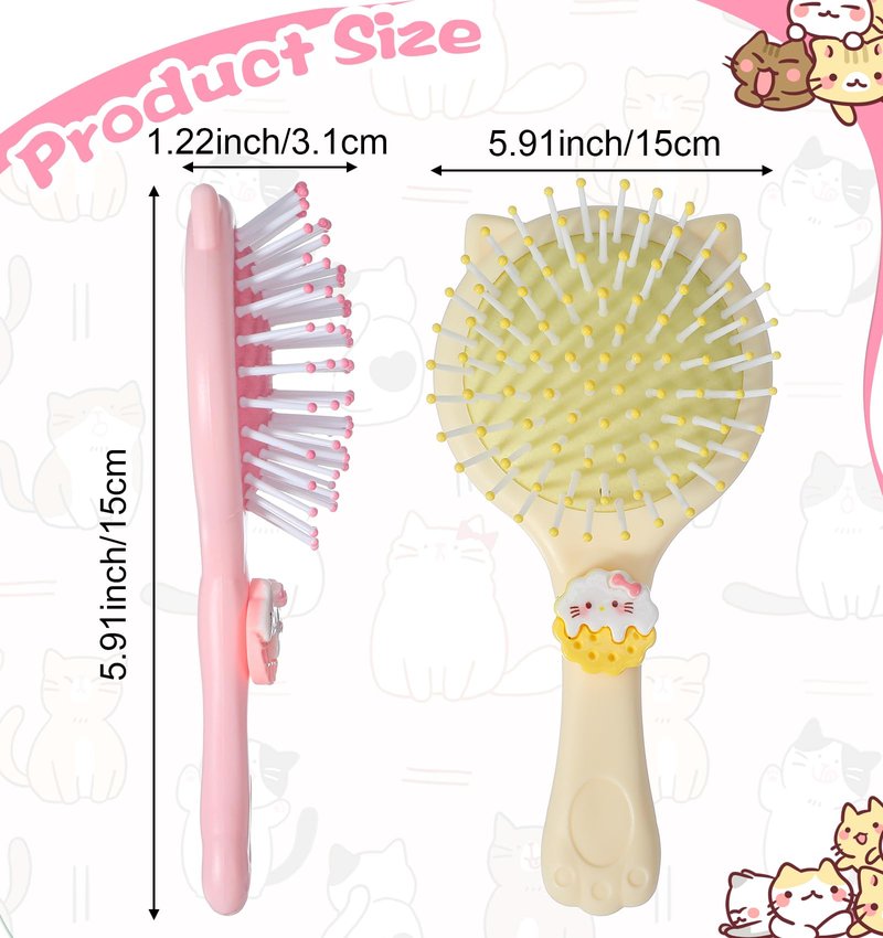 Toddler Detangler Brush, 2Pcs Kids Hairbrush with Cat's Paws Cat's Ears, Mirror and Air Cushion Base Gentle on Wet Dry Curly Hair, Tangle-free Baby Detangler Brush