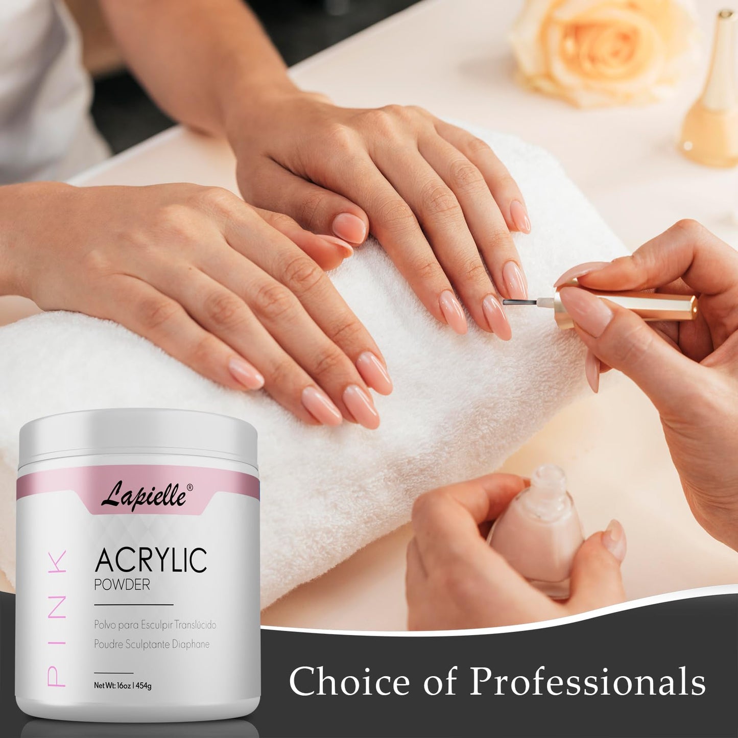 Lapielle Professional Acrylic Powder for Nail Art. Long-lasting, Large capacity and quick dry. Quality Salon Manicure Nail extension (16oz - 1lb - 454g) PINK