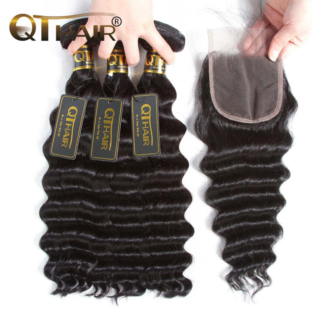 QTHAIR 18A Loose Deep Wave Lace Closure - 4x4 Brazilian Human Hair, Pre-Plucked, 14" with Baby Hair