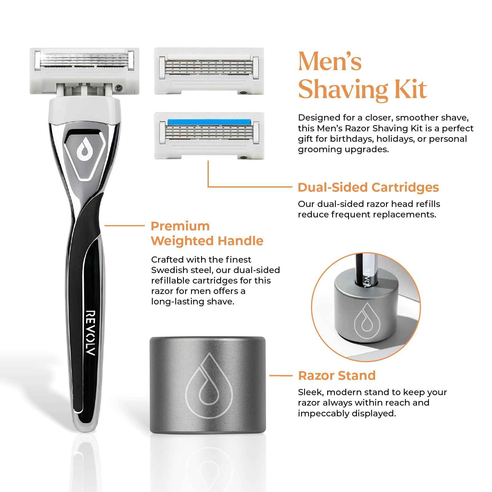 REVOLV - Men’s Razor - 1 Premium Weighted Handle + 1 Dual-Sided Cartridge + 1 Stand - For a Closer, Smoother Shave - Safe on Sensitive Skin - Black