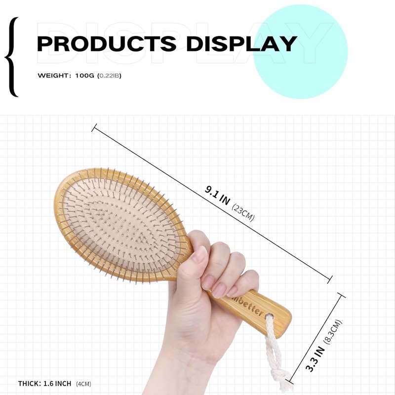 Bamboo Hair Brush - Detangling & Smoothing Scalp Massage Brush | Natural Wood with Metal Bristles for All Hair Types