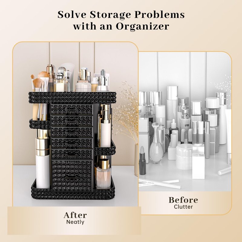 360 Rotating Makeup Organizer - Large Clear Acrylic Vanity Storage with 6 Drawers | Adjustable Spinning Cosmetic & Perfume Holder (Black)