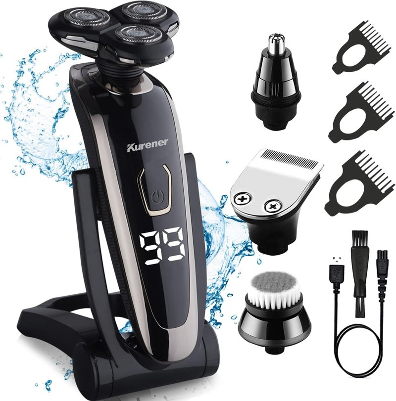 Electric Razor for Men - Rechargeable Waterproof Rotary Shaver with Nose & Sideburn Trimmer | Face Cleaning Brush