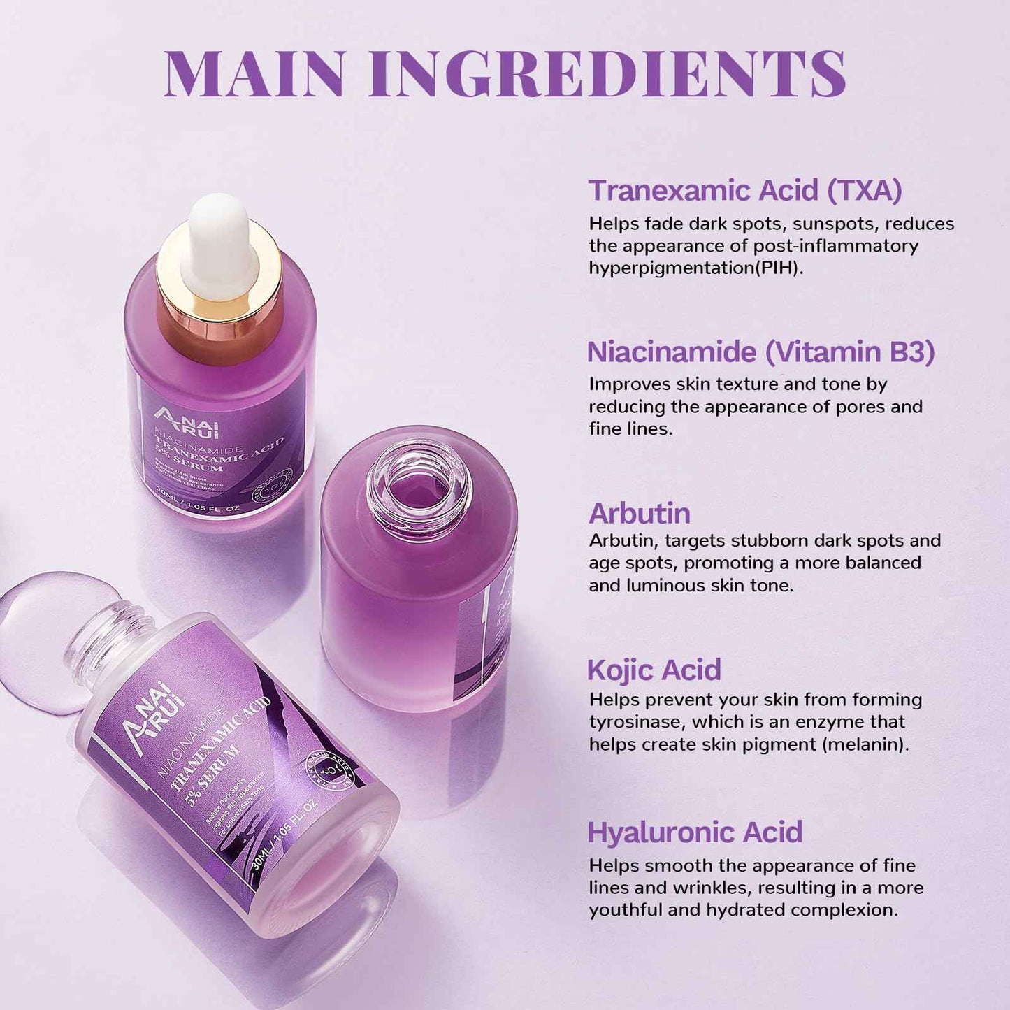 ANAI RUI 5% Tranexamic Acid Serum With Niacinamide, Kojic Acid, Arbutin, Reduce Dark Spot, PIH, for Uneven Skin Tone 1FL.Oz