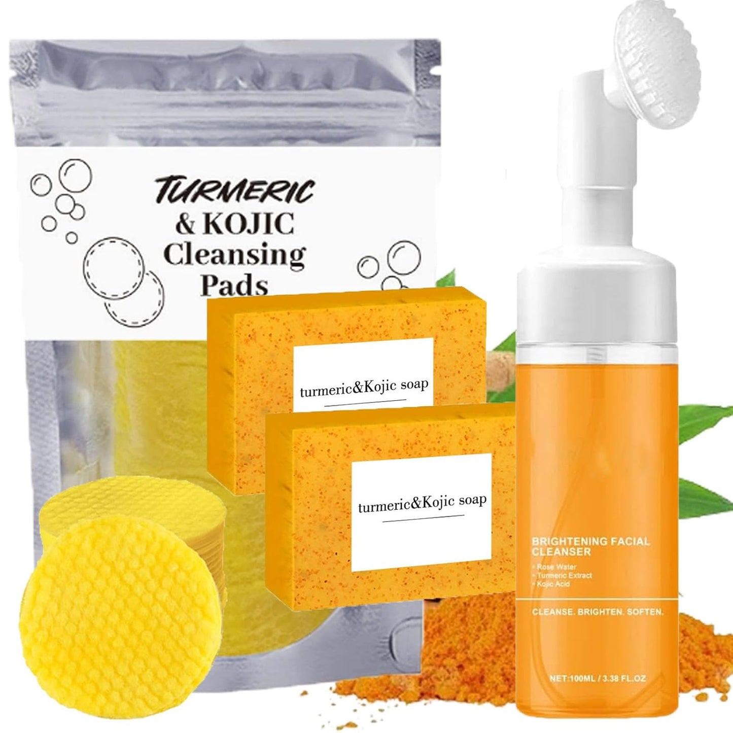 Turmeric Facial Care Set - Kojic Soap Bar, Cleansing Wash & Facial Pads | 3-Piece Skincare Trio