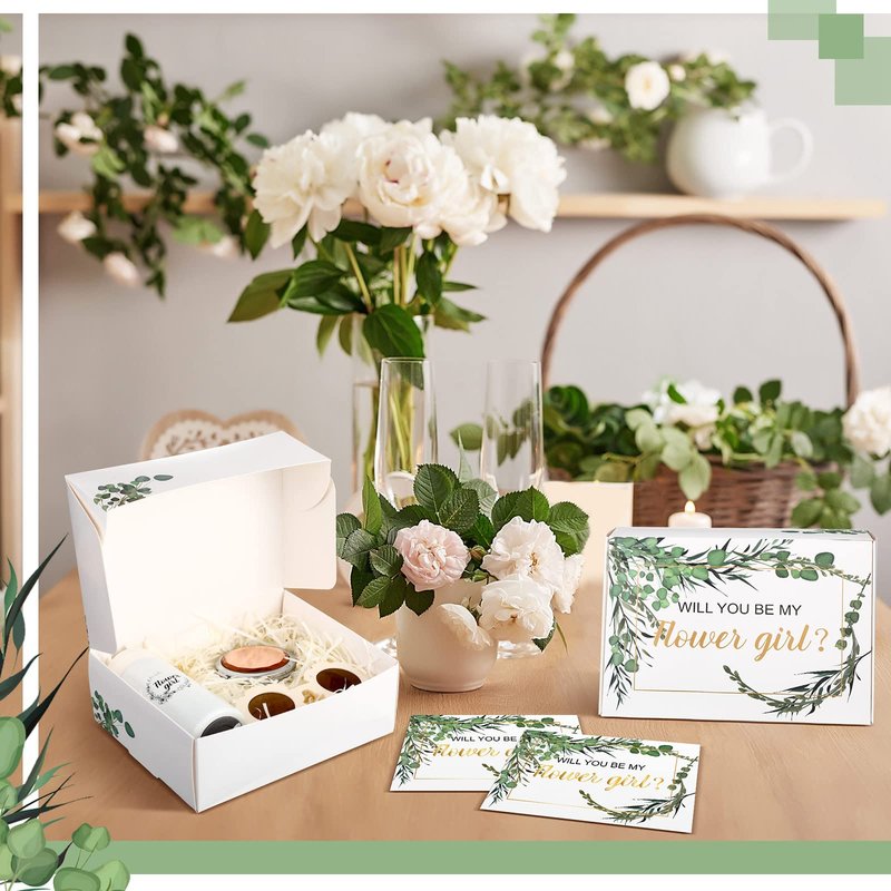 Crtiin 18 Pcs Flower Girl Gifts Wedding Proposal Box Kit from Bride Will You Be My Flower Girl Gifts Card Tumbler Daisy Necklace Sunglasses Diamond Pen Hair Ring Mirror Green Sage Wedding Party Favors