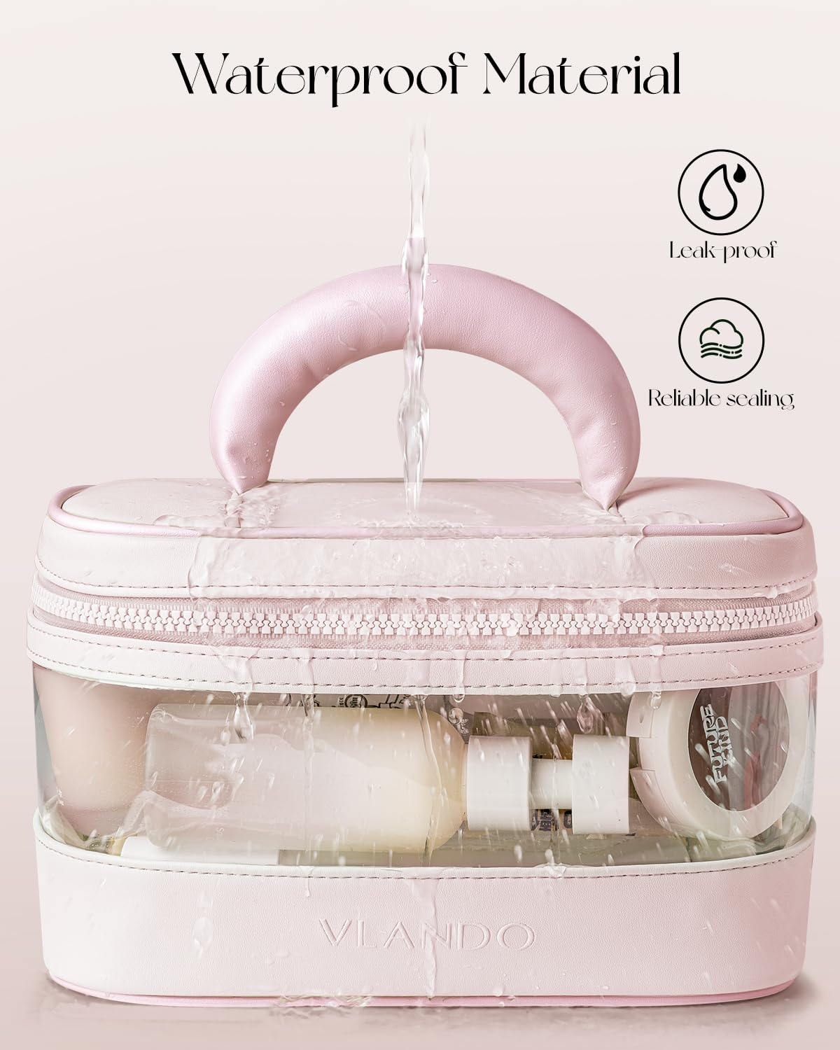 VLANDO Travel Makeup Bag, Large Travel Toiletry Bag for Women Girl, Waterproof Cute Cosmetic Bag with Handle, Clear Make up Bag for Cosmetic, Brushes, Skincare-Apricot Pink
