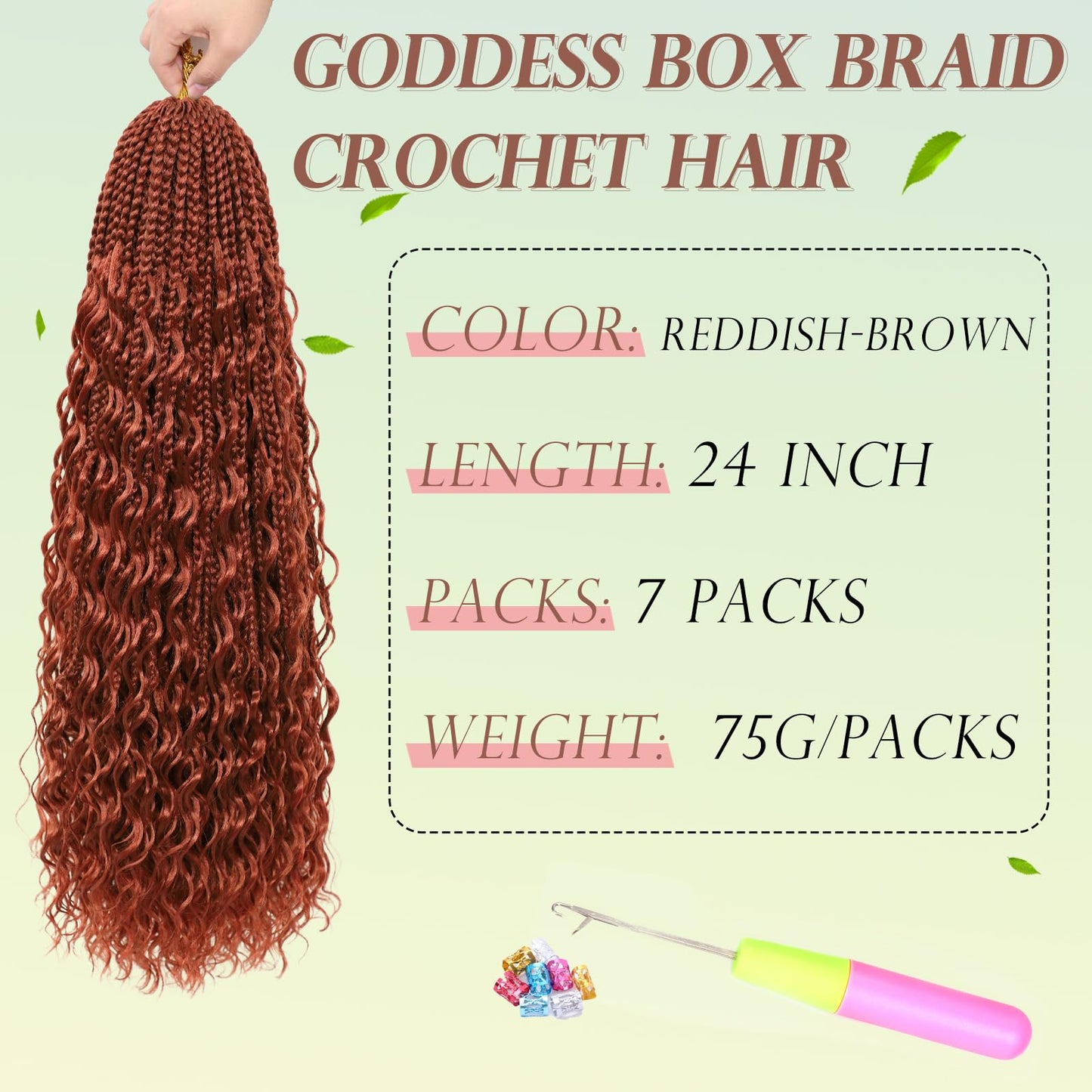 Miuric Boho Box Braids Crochet Hair for Black Women 24 Inch 7 Packs Goddess Box Braids Crochet Hair Pre-Looped with Curly Ends Reddish Brown Bohemian Synthetic Briading Hair Extensions