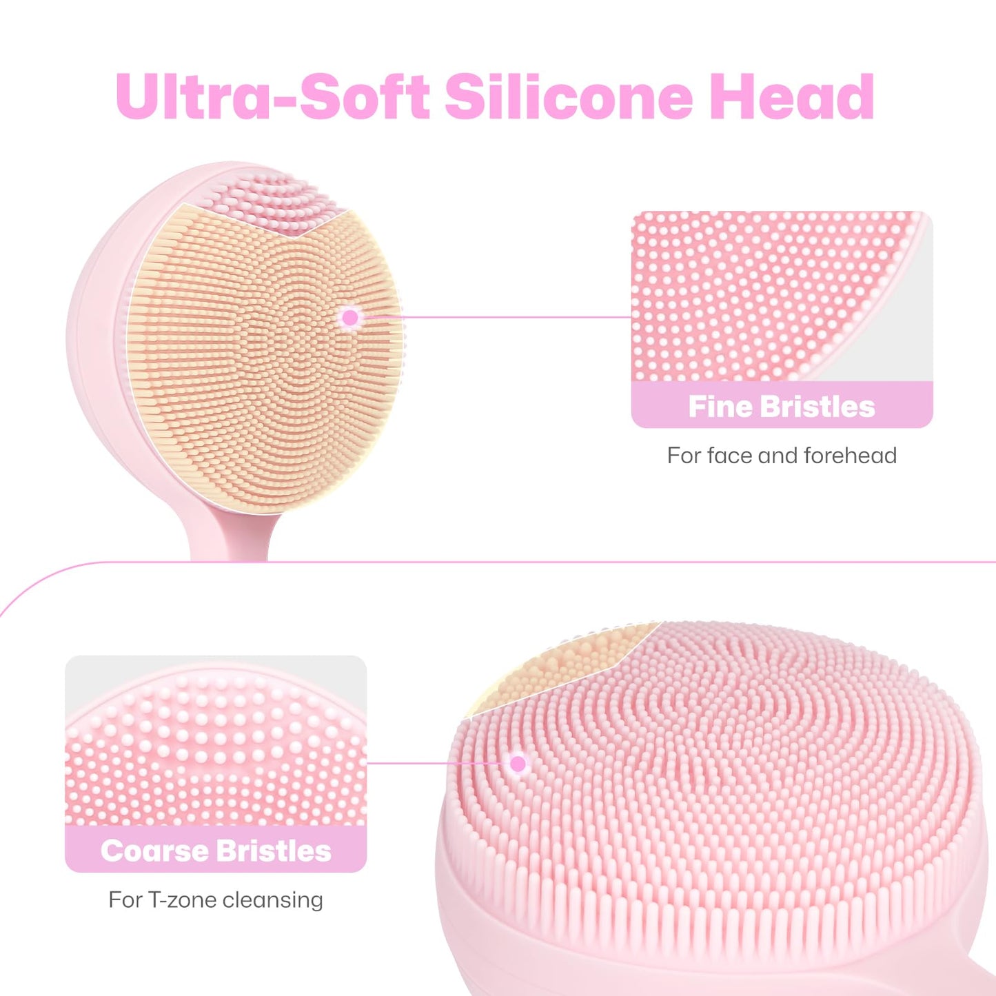 PRITECH Facial Cleansing Brush with Vibrating, Rechargeable Silicone Face Scrubber for Deep Pore Cleaning, Exfoliator & Waterproof Face Brush with Heat End for for Women and Men (Pink)
