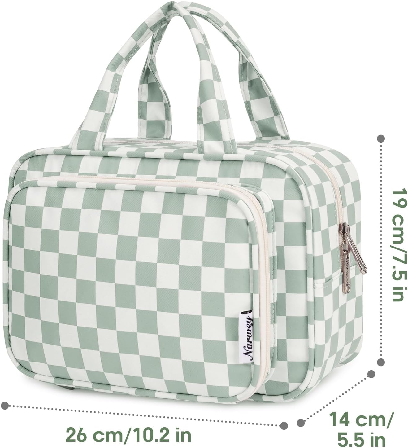 Large Travel Toiletry Bag - Checkered Makeup Organizer for Women | Mint Green