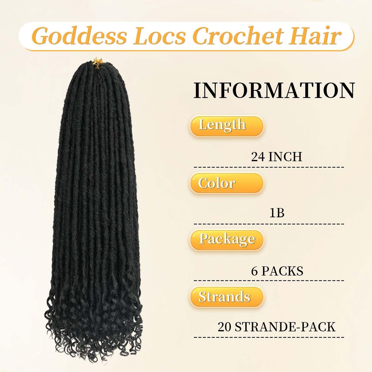 6 Packs Goddess Locs Crochet Hair, 24 Inch Straight Faux Locs Crochet Braids, Pre-Looped Curly Soft Synthetic Braiding Hair Extensions for Black Women(24 Inch, 6 Packs, 1B#)
