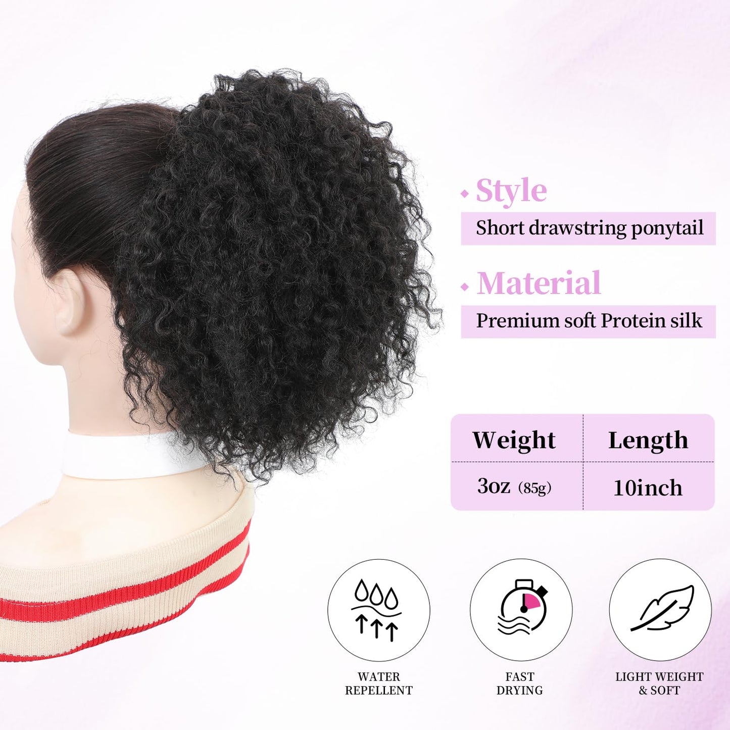 Urbeauty Drawstring Curly Ponytail Extensions Pink Mango Protein Silk Fiber Human Hair Soft Feeling Afro Kinky Curly Hair Puff Pony tails Lightweight, Soft Natural Budget for Daily Styles