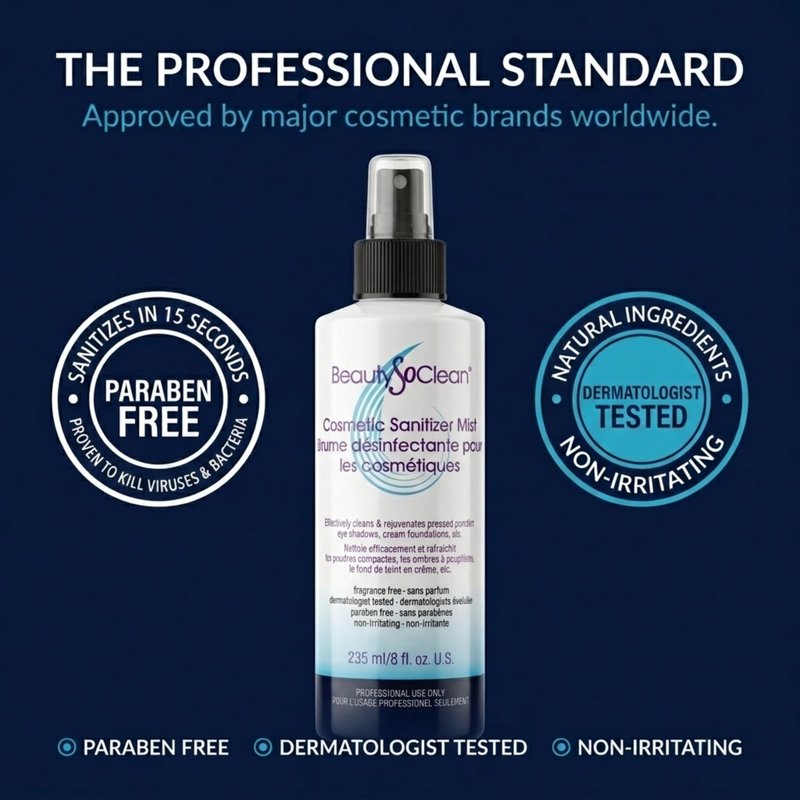 Beautysoclean Cosmetic Sanitizer Mist - (8.0 oz.) Makeup Sanitizing Spray for Powder-based Makeup Palettes & Pressed Cream Foundations, Bronzers, Concealers, Blushes, Eyeshadows.