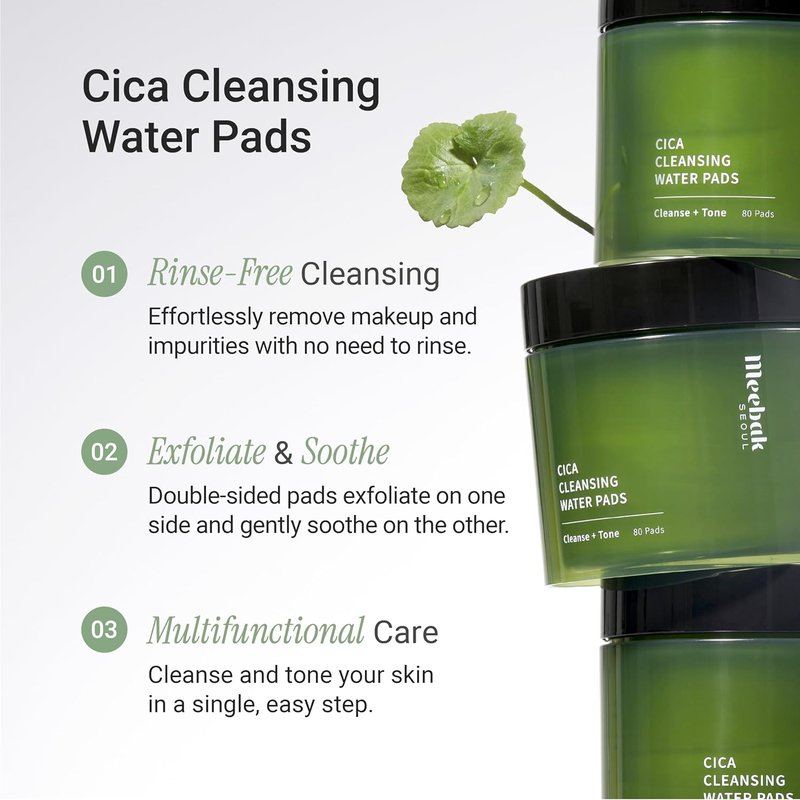 Cica Cleansing Water Pads - Korean Micellar Makeup Remover Wipes | Exfoliating Toner for Glass Skin | Hydrating & Calming - 80ct