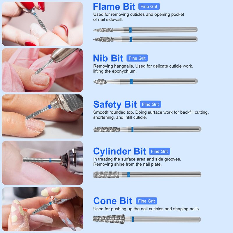 Diesisa 6 Pack Nail Drill Bits for Acrylic Nails, Diamond Carbide Nail Clipper Heads with Diamond Spiral Grooves, 3/32 Inch Cutter Attachment for Nail Preparation, Cuticle and Dead Skin Removal-Blue