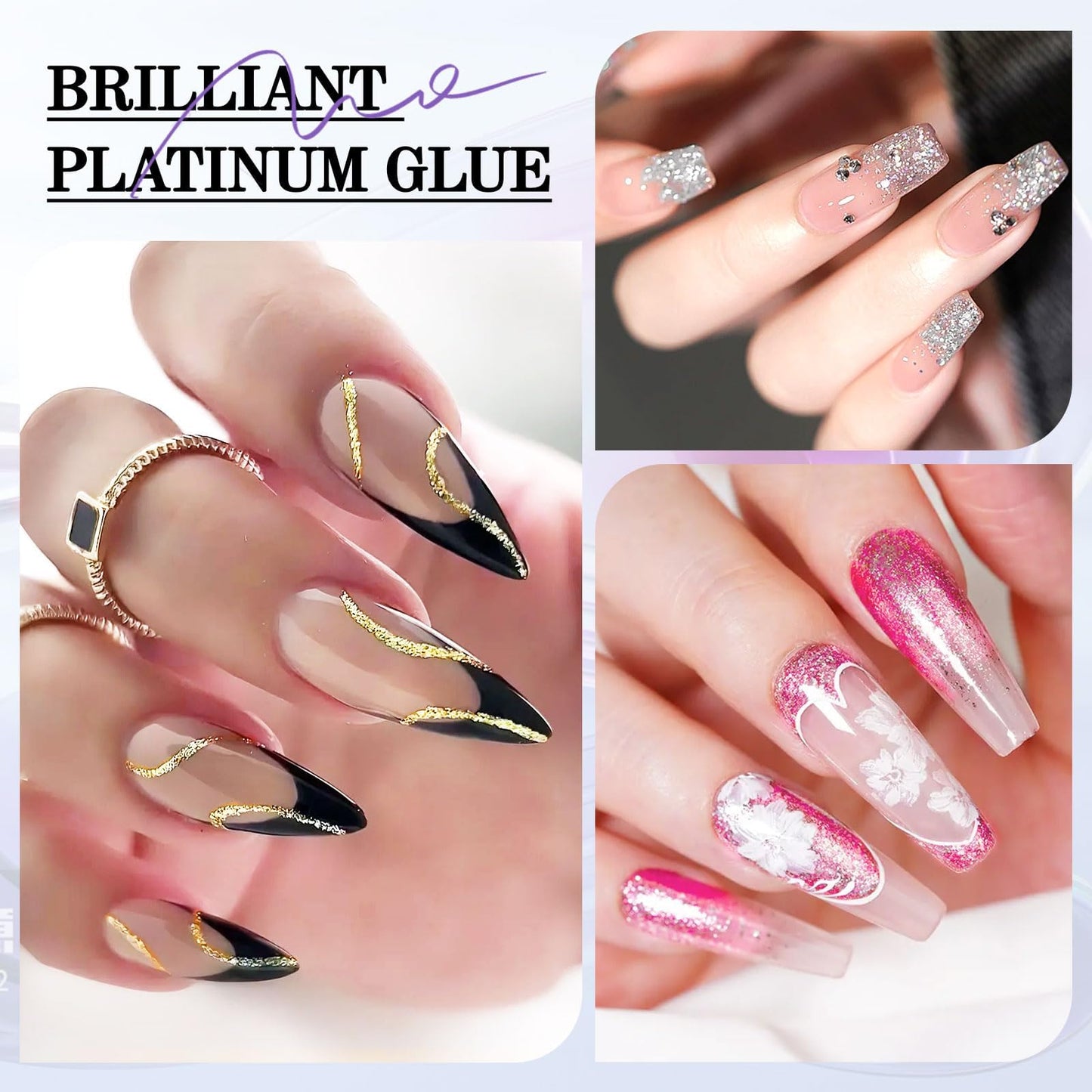 EBANKU Gold Glitter Gel Polish with Nail Brush, 5 Colors Silver Metal Shimmer Gel Liner for Nail Art, Holographic Sparkle Soak Off UV Lamp Cured Gels for Art Manicure Salon DIY at Home
