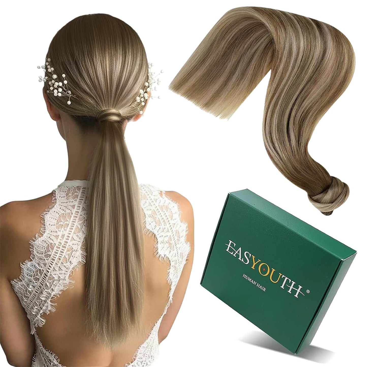 Easyouth Ponytail Extension Human Hair 12 Inch 70G Ombre Brown Human Hair Ponytail Extension for Women Short Lengths Balayage Dark Brown to Light Brown with Blonde Add Volume