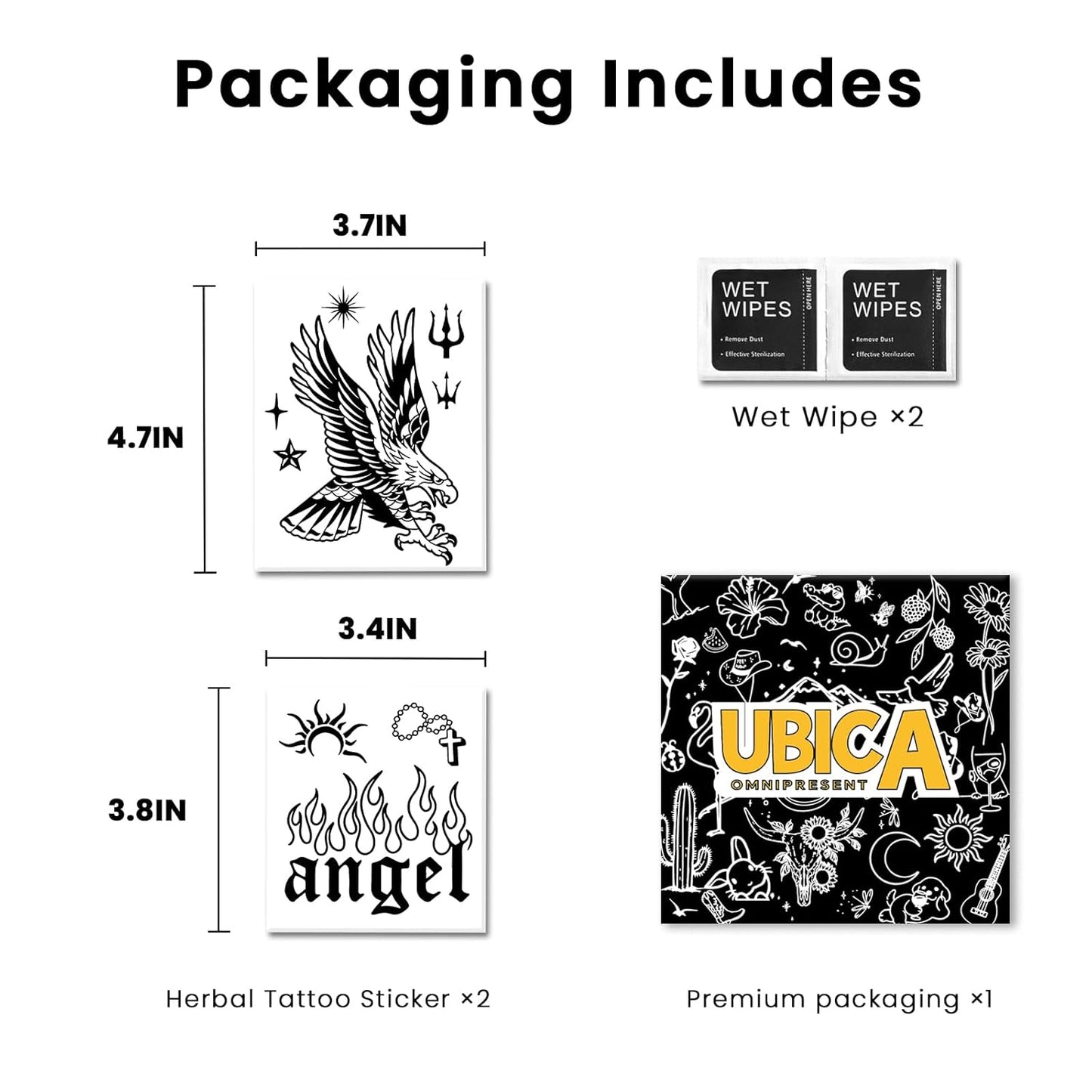 Realistic Semi-Permanent Tattoos - 2 Sheets for Men & Women | Waterproof Eagle Wing & Angel Flame Designs, Lasts 1-2 Weeks