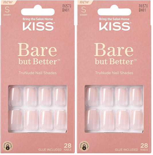 KISS Bare but Better Press On Nails, Glossy Pink, Short Length, Square Shape, 28 Fake Nails, Pink Gel Nail Glue Net Wt. 2g (0.07 Oz.), Mini Nail File, & Manicure Stick