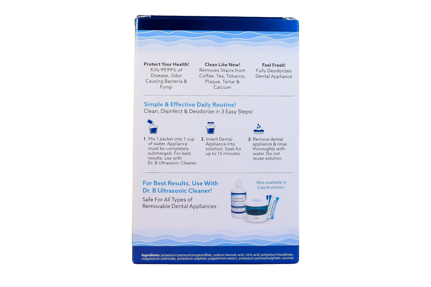 Dr. B Dental Solutions Powder Crystal Soak Cleanser, Ideal for Oral Appliances, Dentures, Night Guards, Retainers, Aligners, and Sleep Apnea Devices - 45 Single Use Packets