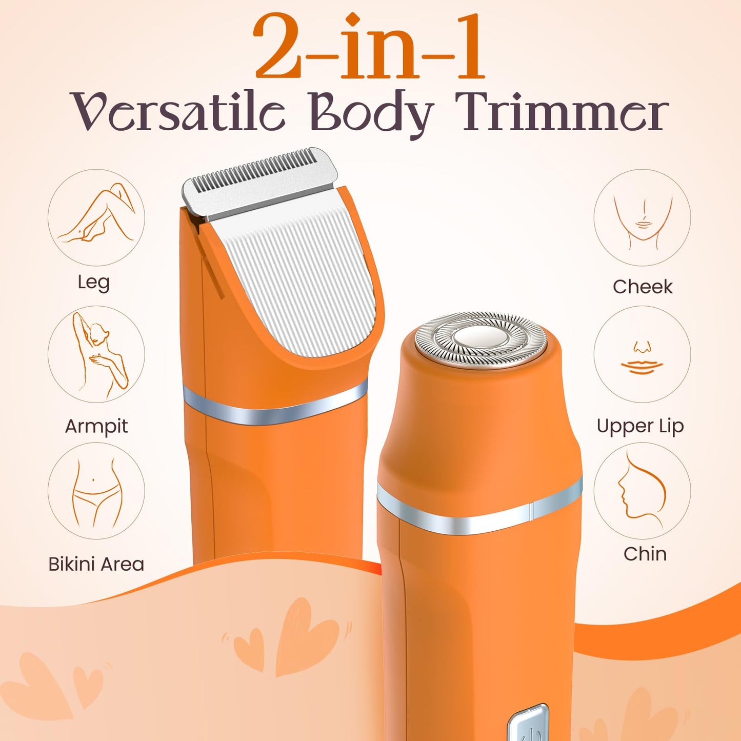 Facial Hair Removal for Women - Waterproof 2 in 1 Rechargeable Eyebrow and Bikini Trimmer for Women, Painless Electric Razor/Shaver for Lip, Arms, Face, Peach Fuzz