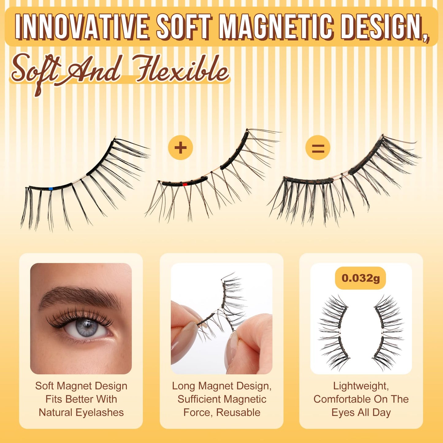 QUEWEL Magnetic-Eyelashes with Applicator, Upgrade 1 Pair Soft Magnetic Lashes, No Glue Needed Reusable Magnetic Eyelashes So Soft and Suitable for Beginners (Soft-Magnetic-C)