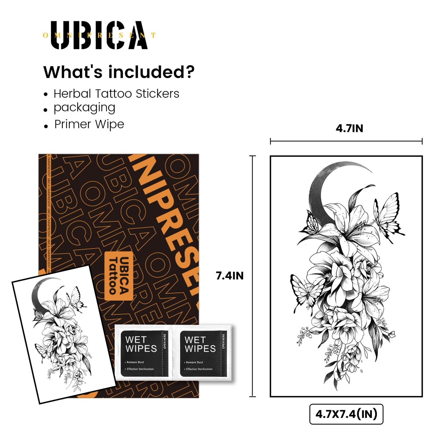 UBICA 2 Sheets Semi Permanent Tattoos, Temporary Tattoo for Women, Lasts 7-15 Days Water-Resistant Fake Tattoo Stickers, Realistic Flower Design for Party (7.5x4.8 in), Non-Reflective & Safe for Skin