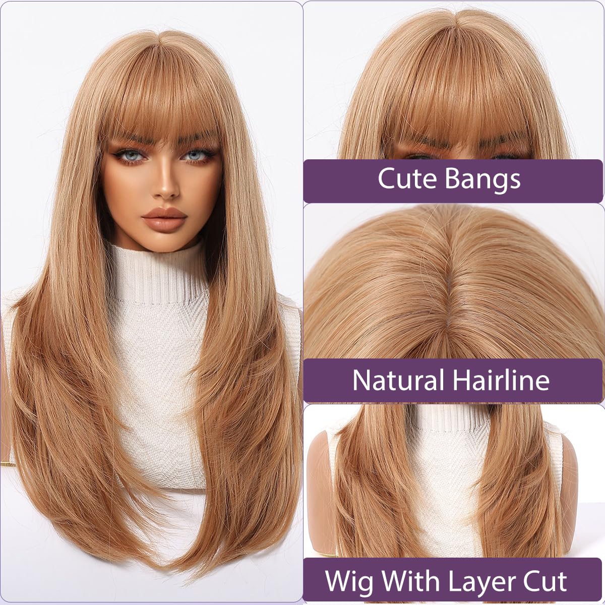 MS.FEEL Wig with Bangs Long Straight Layered Wigs Natural Looking Synthetic Glueless Wigs for Women Daily Party Use 24 Inch (Honey Blonde, 24 Inch)