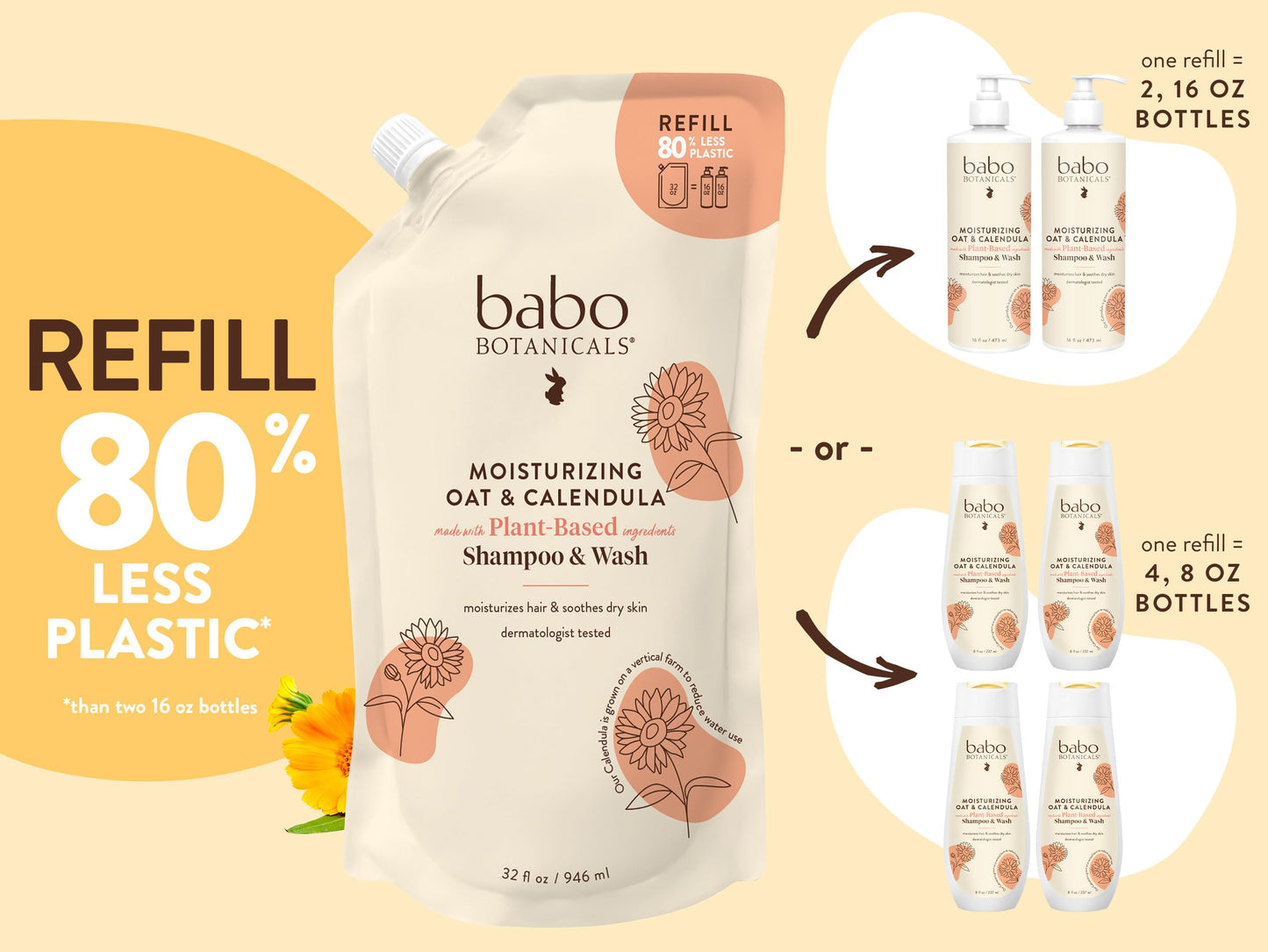 BABO Botanicals Moisturizing Oat & Calendula 2-in-1 Shampoo & Wash - for Dry or Sensitive Skin - for All Ages - Lightly Scented - Vegan - Refill pouch 32 fl.oz.