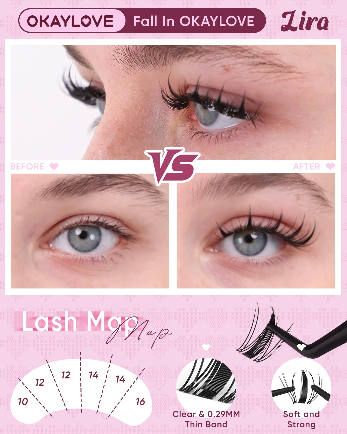 OKAYLOVE Manga Lash Clusters Kit with Spikes, LIRA 8-18mm DIY Cluster Eyelash Extensions Kit, 140pcs CC Curl Clear Band Individual Lashes with Lash Bond and Seal, Remover, Lash Tweezers