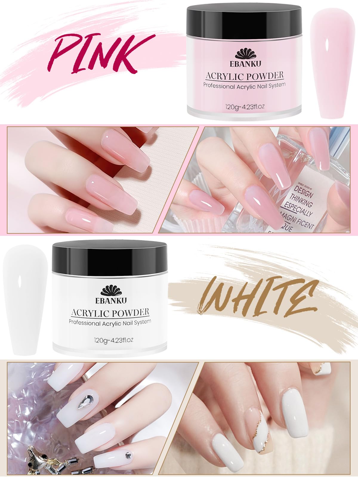 EBANKU Acrylic Powder Set Nude Pink Milky White Clear Big Capacity 4.23oz*4