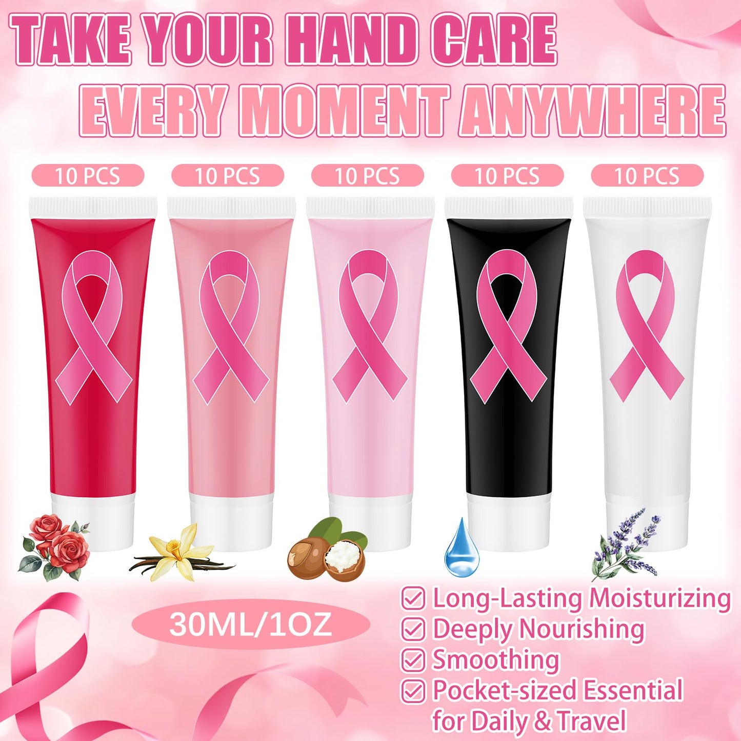 Heigble 50 Pcs Christmas Hand Cream Gifts Bulk Breast Cancer Awareness Hand Cream Gifts Pink Ribbon Favors Accessories Favors Breast Cancer Awareness Month Support Survivors Christmas Party Supplies