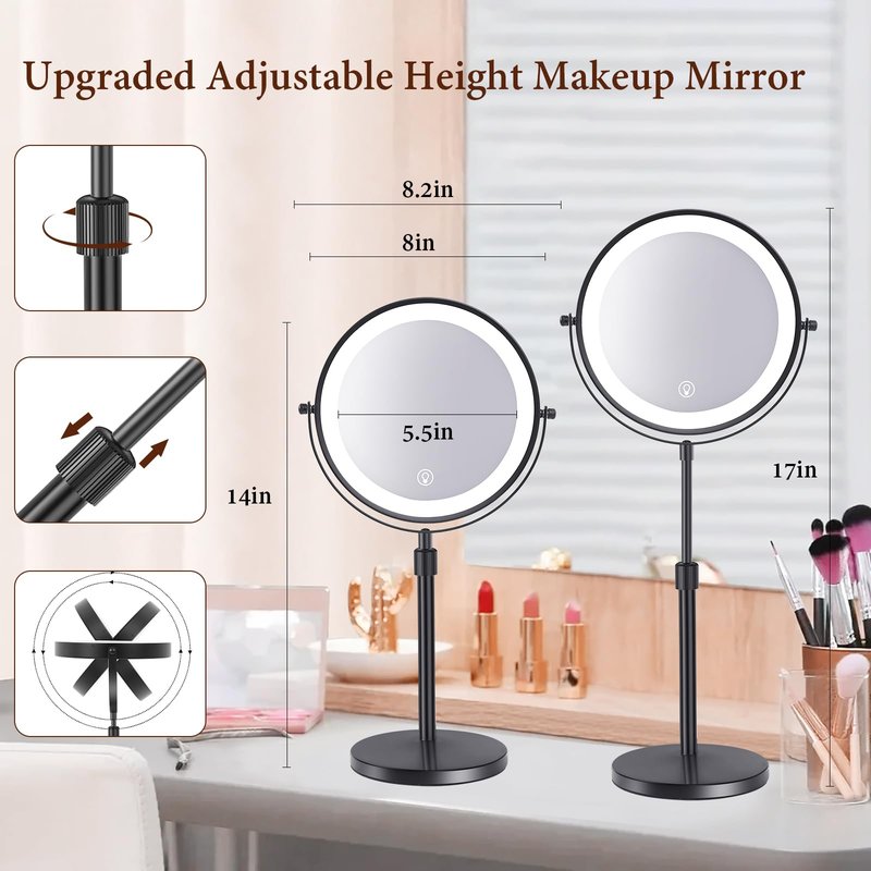rndecuck 8" Lighted Makeup Mirror with Magnification 10x and 3 Color Light 2500mAh Rechargeable Height Adjustable 360° Rotation Double Sided LED Vanity Mirror for Desk (Black)