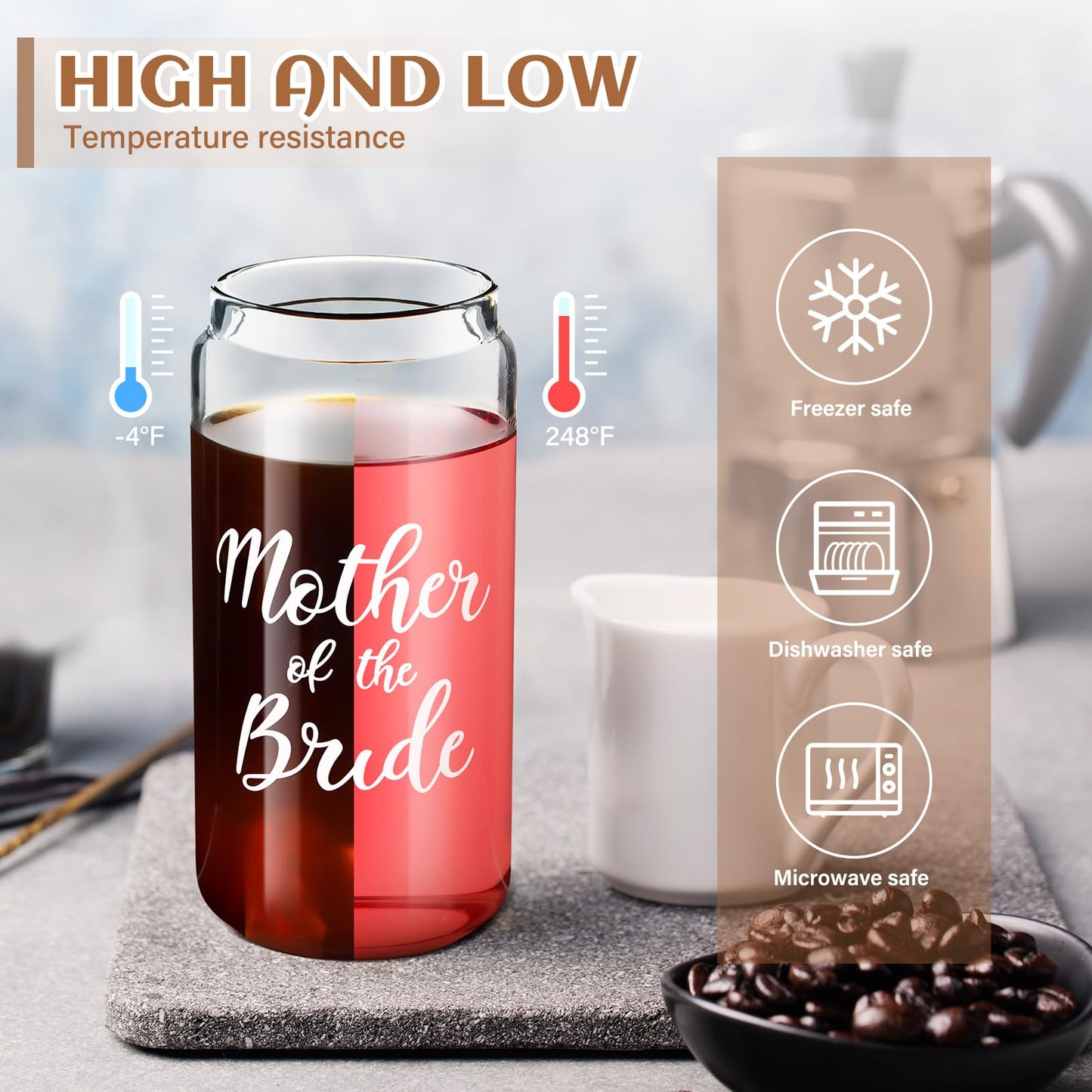 Zubebe 3 Pcs Mother of the Bride Groom Gifts Cup for Wedding Bridal Shower Include Glass Tumbler Canvas Tote Bag Makeup Bag(Mother of the Bride)