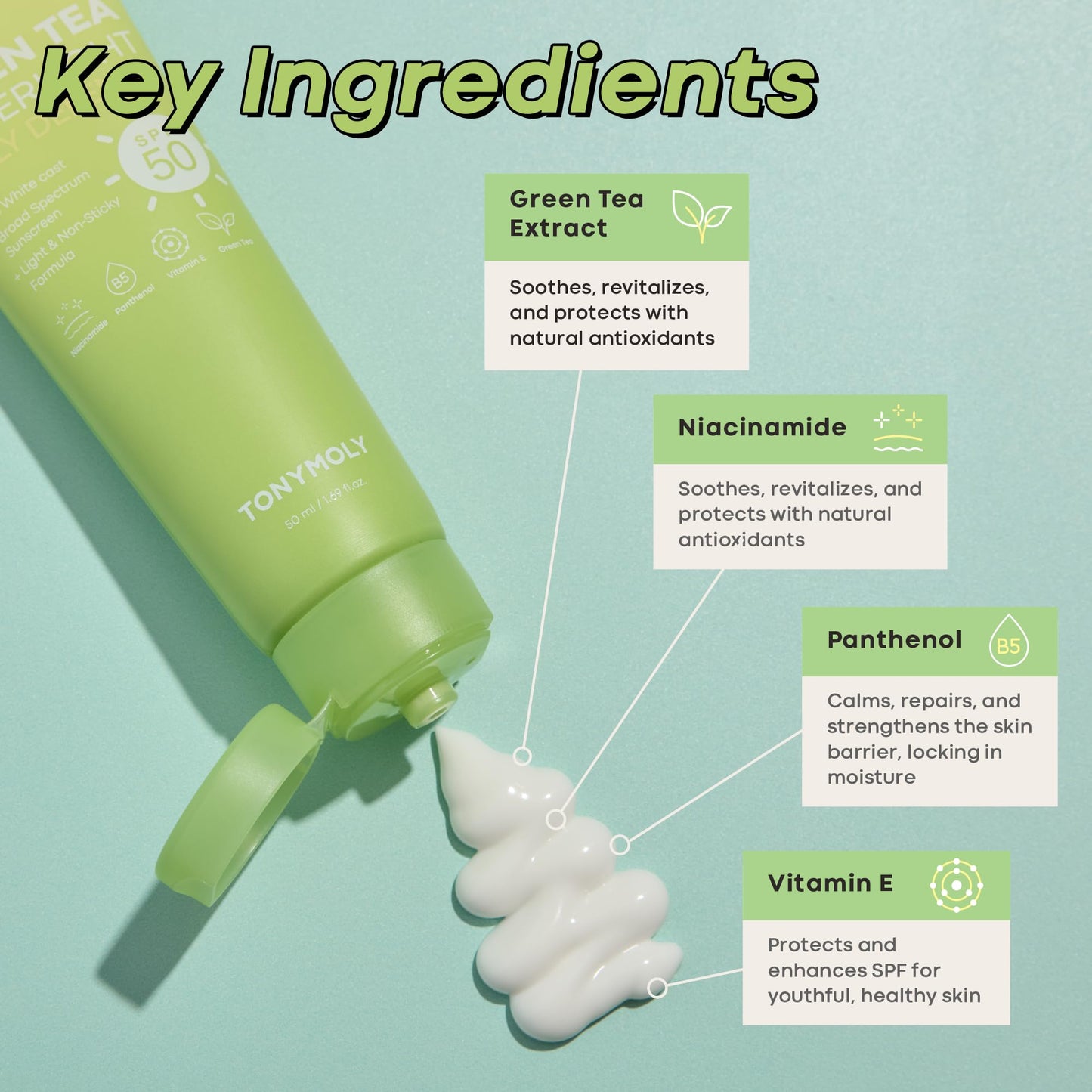 TONYMOLY Green Tea Korean Sunscreen SPF 50+ PA++++ — No White Cast, Lightweight Face Sunscreen for All Skin Tones, Hydrating with Niacinamide, Panthenol & Hyaluronic Acid, 1.69 fl oz