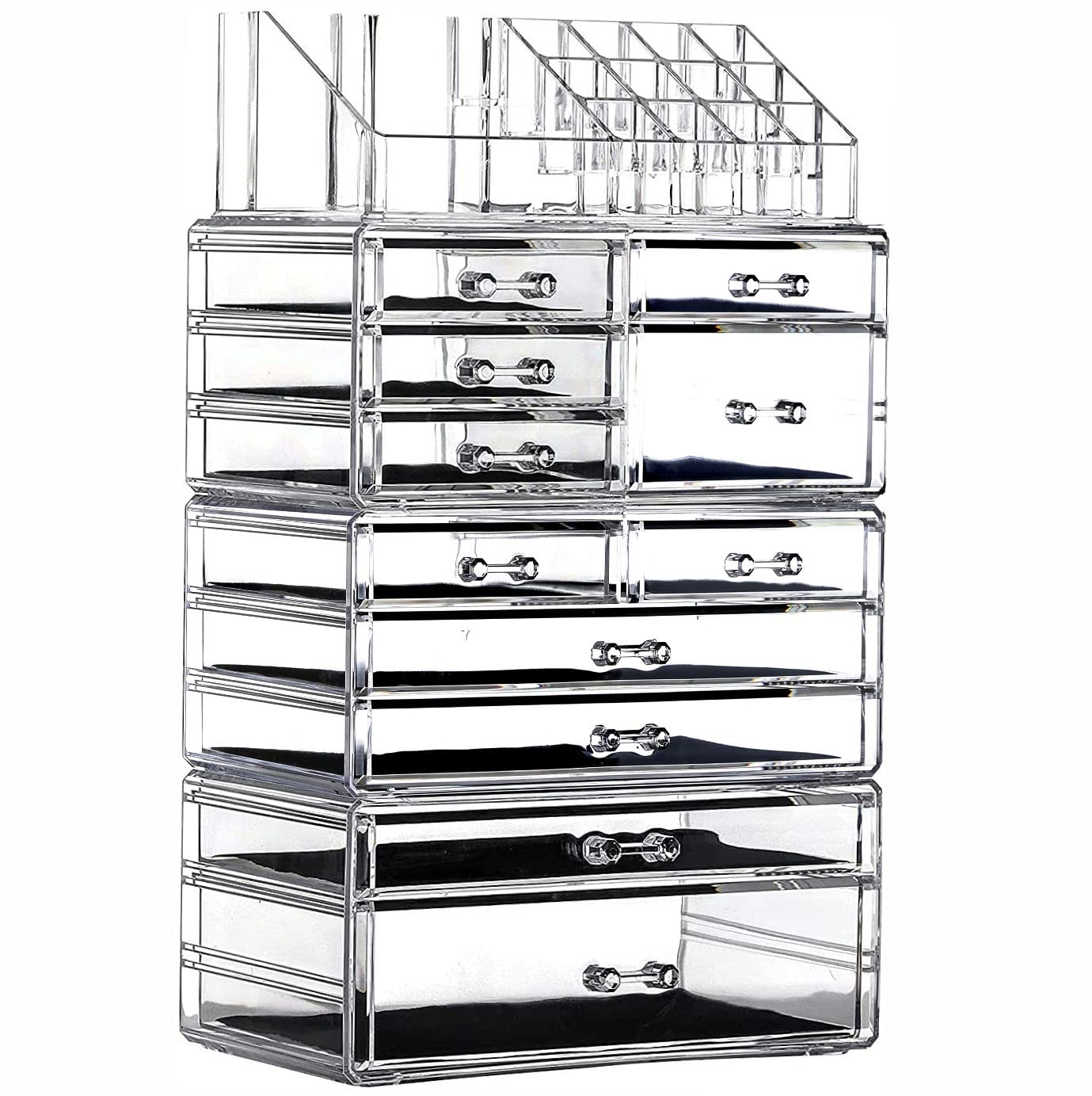 Cq acrylic 3 Pack Clear Make up Organizer Countertop,Stackable 7 Drawers Makeup Storage,Cute Vanity Organizers for dresser Hair Clip,Jewelry,Beauty Product Desk and Bathroom Organizers and Storage
