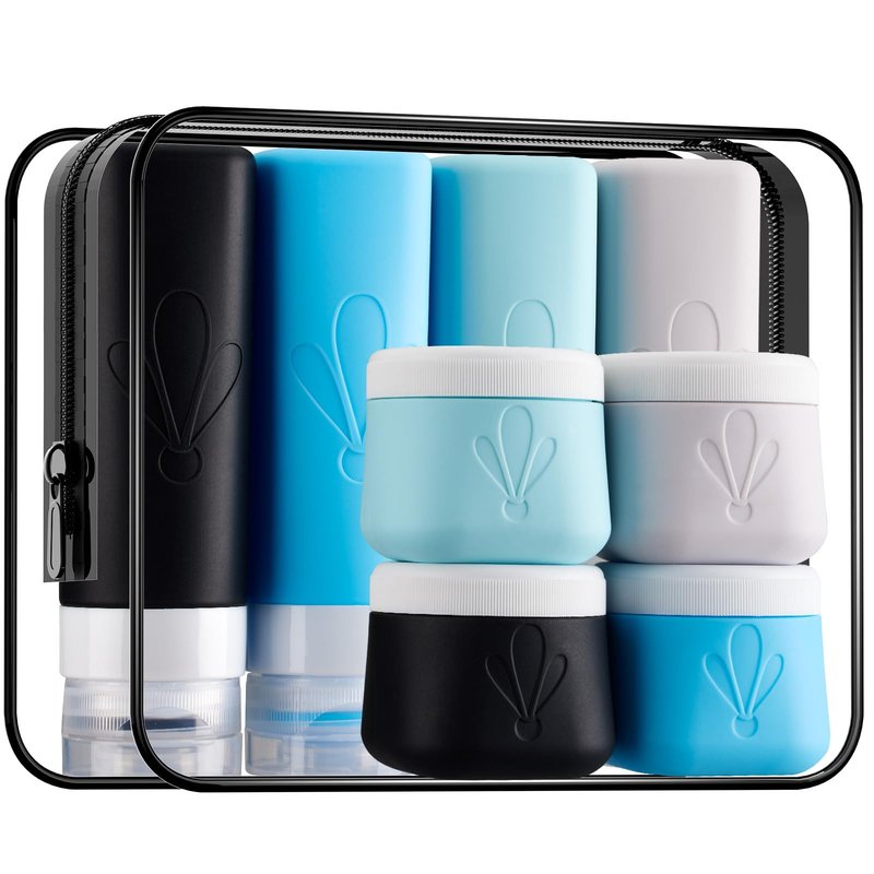 INSFIT travel bottles for toiletries 8 Pack, Leak proof Travel Size Toiletries Containers with toiletry bag, Squeezable Silicone Bottles & Cream Jars, Travel Essentials BPA-Free kit for Shampoo